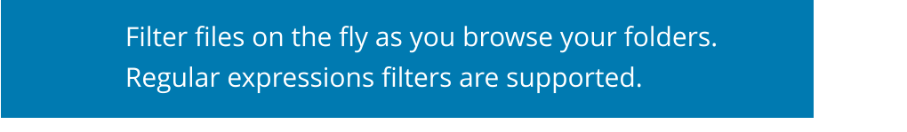 Filter files on the fly as you browse your folders.   Regular expressions filters are supported.
